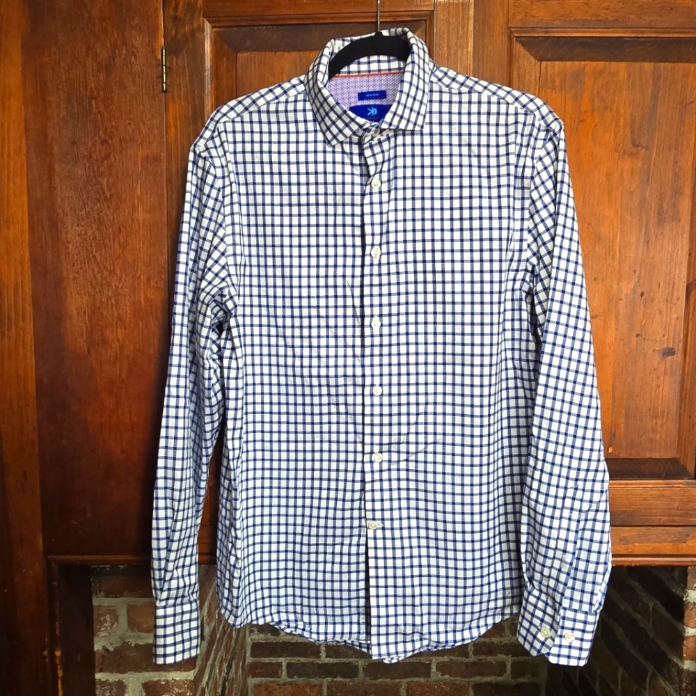 Egara Flip-Cuff Non-Iron Shirt - Blue + White Plaid - Medium